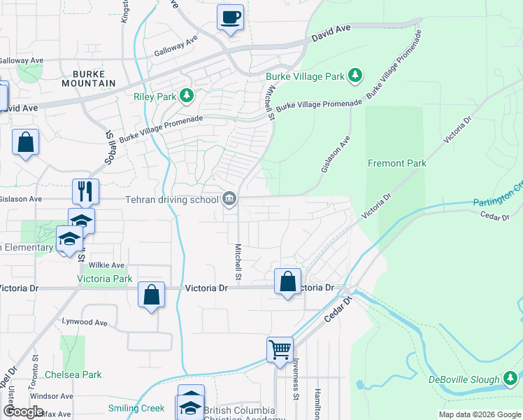 map of restaurants, bars, coffee shops, grocery stores, and more near 3529 Baycrest Avenue in Coquitlam