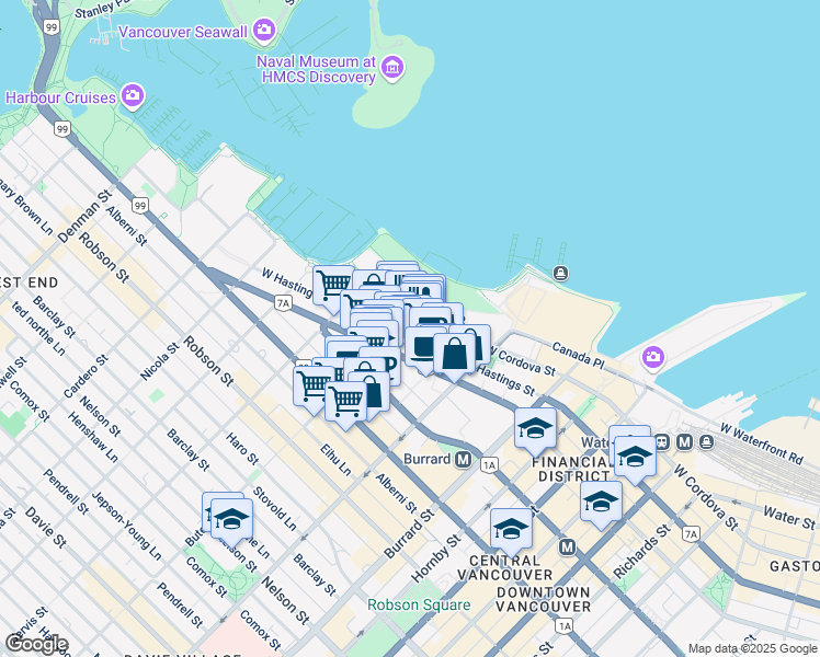 map of restaurants, bars, coffee shops, grocery stores, and more near in Vancouver