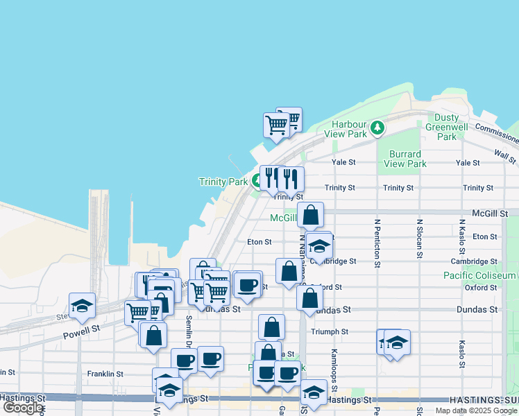 map of restaurants, bars, coffee shops, grocery stores, and more near 2240 Wall Street in Vancouver
