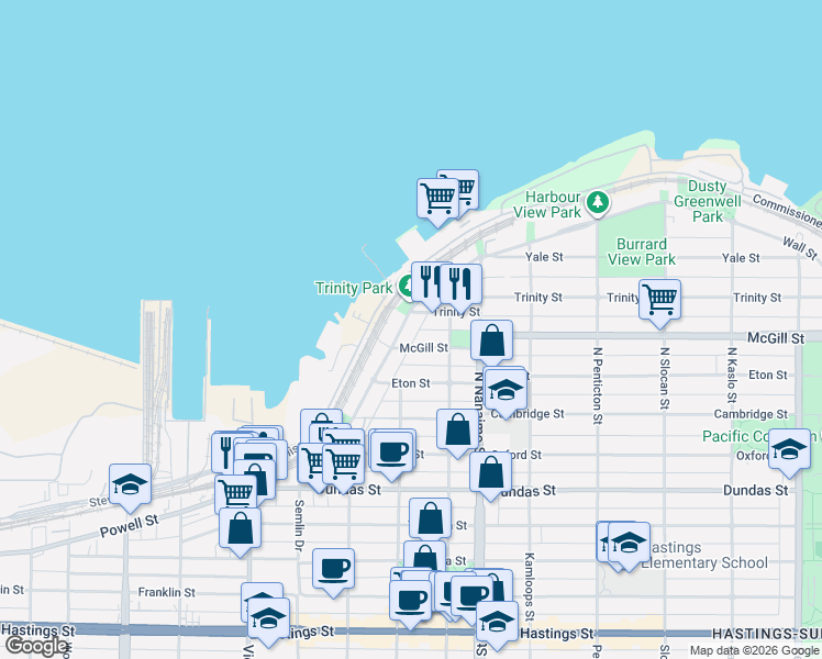 map of restaurants, bars, coffee shops, grocery stores, and more near 2240 Wall Street in Vancouver