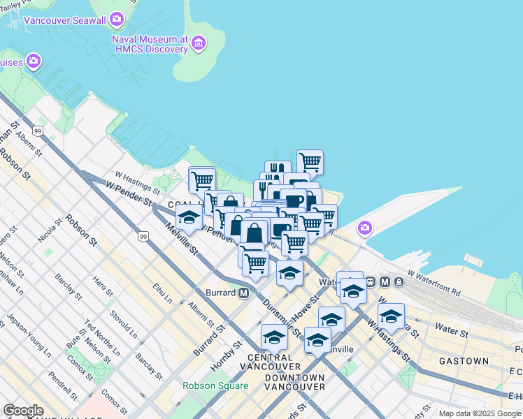 map of restaurants, bars, coffee shops, grocery stores, and more near 1055 West Hastings Street in Vancouver