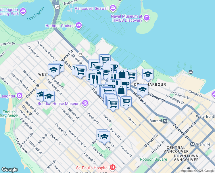 map of restaurants, bars, coffee shops, grocery stores, and more near 1444 Alberni Street in Vancouver