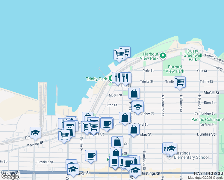 map of restaurants, bars, coffee shops, grocery stores, and more near 2240 Wall Street in Vancouver