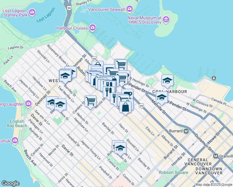 map of restaurants, bars, coffee shops, grocery stores, and more near in Vancouver