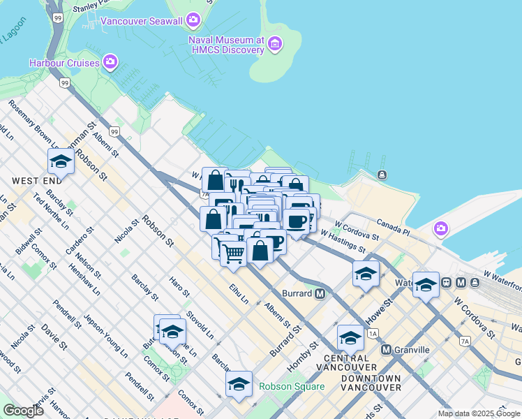 map of restaurants, bars, coffee shops, grocery stores, and more near 1228 West Hastings Street in Vancouver