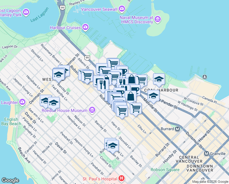 map of restaurants, bars, coffee shops, grocery stores, and more near 1409 Alberni Street in Vancouver