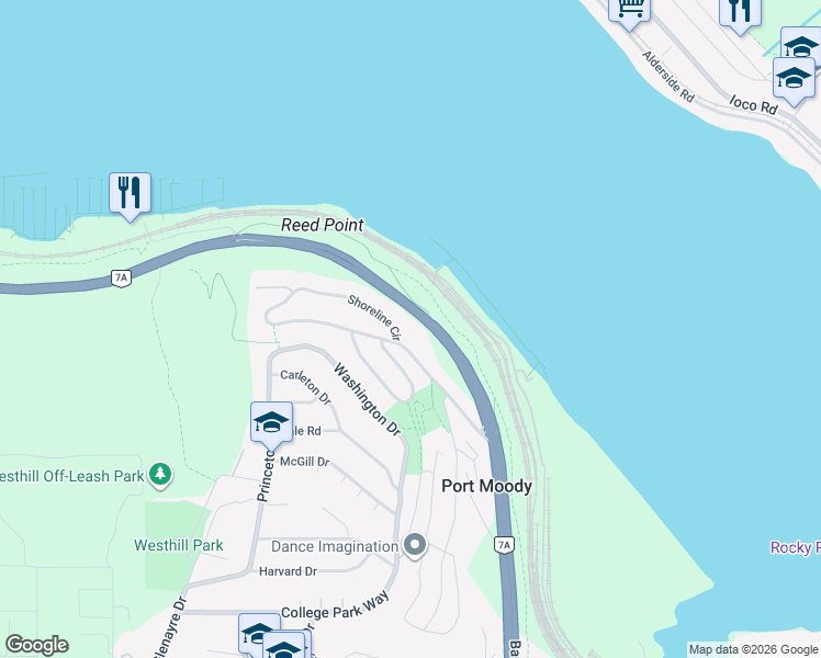 map of restaurants, bars, coffee shops, grocery stores, and more near 160 Shoreline Circle in Port Moody