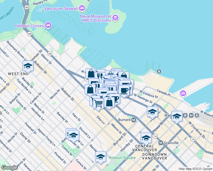 map of restaurants, bars, coffee shops, grocery stores, and more near 1255 West Pender Street in Vancouver