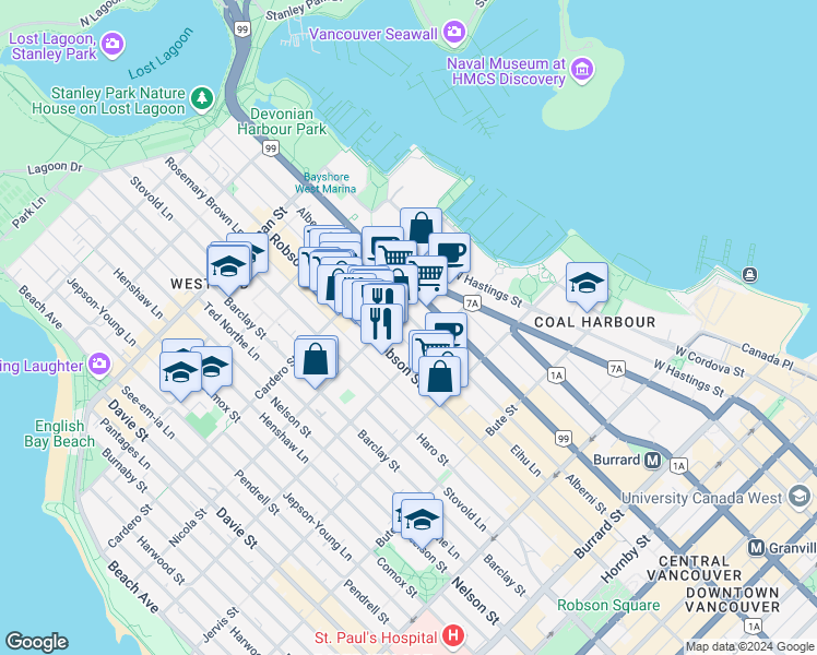 map of restaurants, bars, coffee shops, grocery stores, and more near 1444 Alberni Street in Vancouver