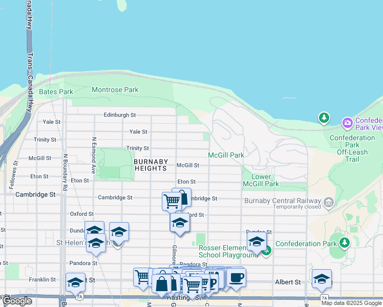 map of restaurants, bars, coffee shops, grocery stores, and more near 4136 Trinity Street in Burnaby