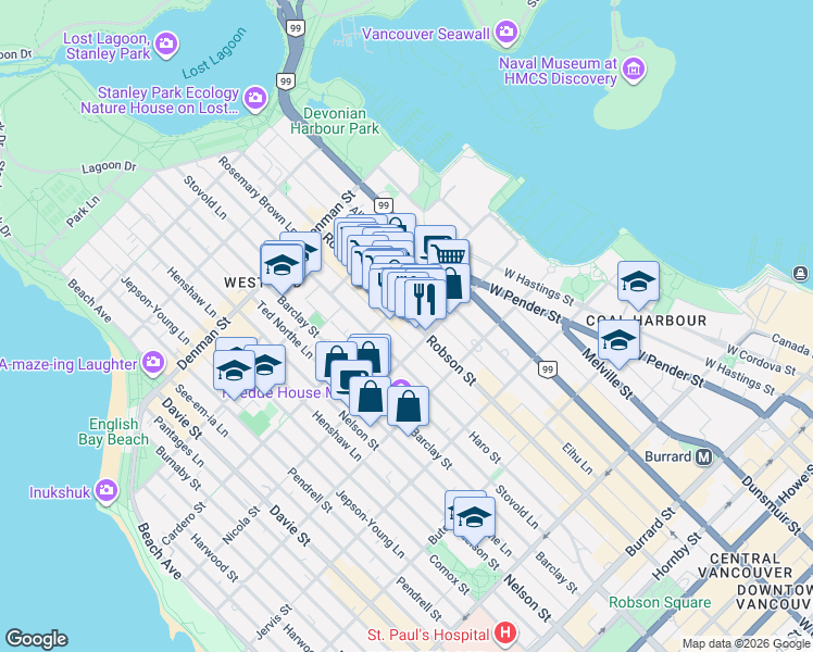 map of restaurants, bars, coffee shops, grocery stores, and more near 1536 Robson Street in Vancouver