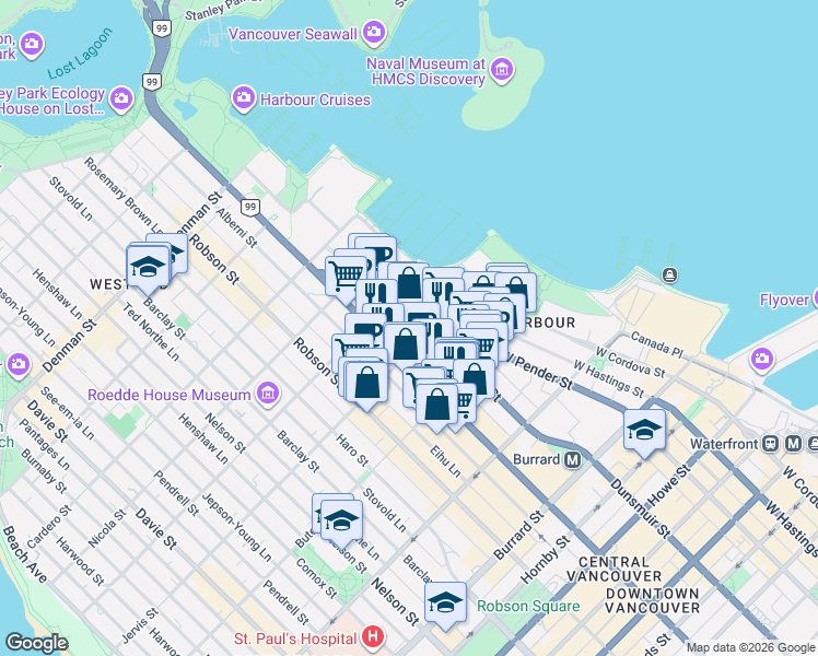 map of restaurants, bars, coffee shops, grocery stores, and more near 1328 West Pender Street in Vancouver