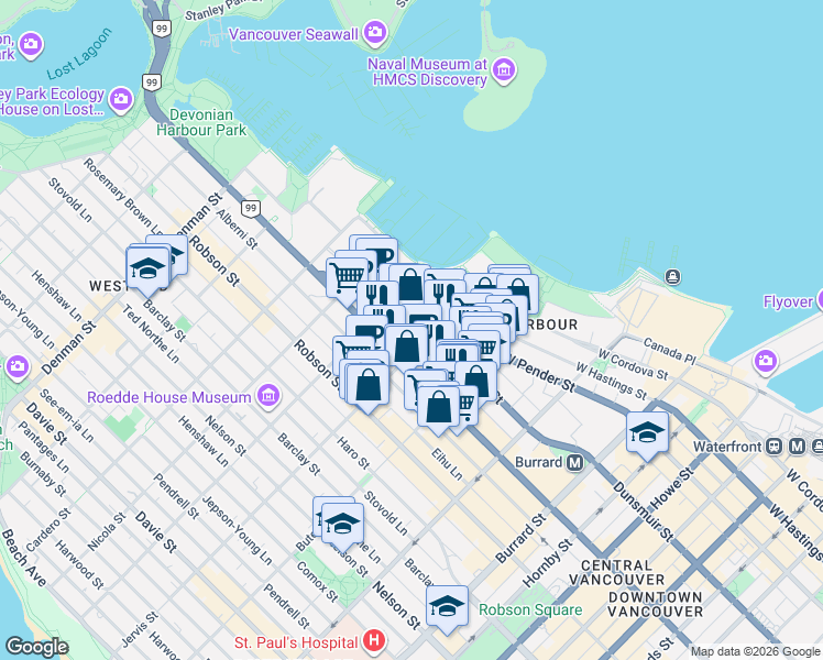 map of restaurants, bars, coffee shops, grocery stores, and more near 1328 West Pender Street in Vancouver