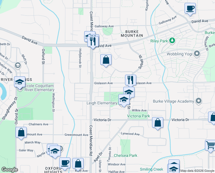 map of restaurants, bars, coffee shops, grocery stores, and more near 3417 Roxton Avenue in Coquitlam