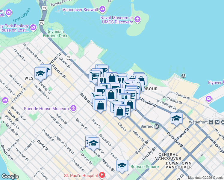 map of restaurants, bars, coffee shops, grocery stores, and more near in Vancouver