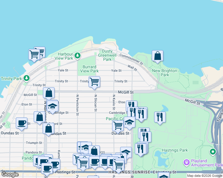 map of restaurants, bars, coffee shops, grocery stores, and more near 2797 McGill Street in Vancouver