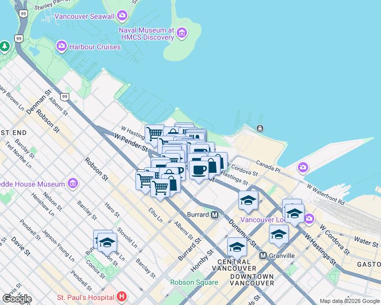 map of restaurants, bars, coffee shops, grocery stores, and more near in Vancouver