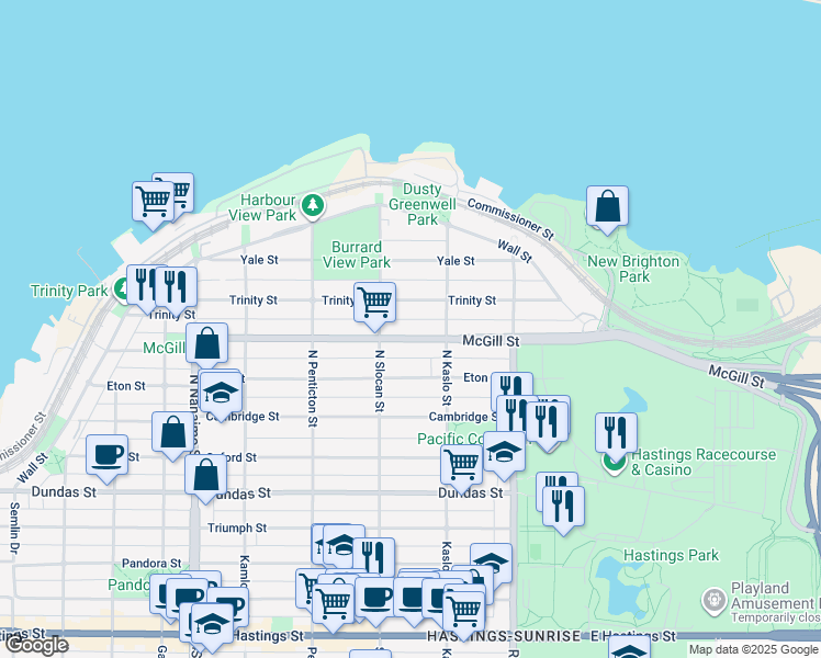 map of restaurants, bars, coffee shops, grocery stores, and more near 2741 McGill Street in Vancouver