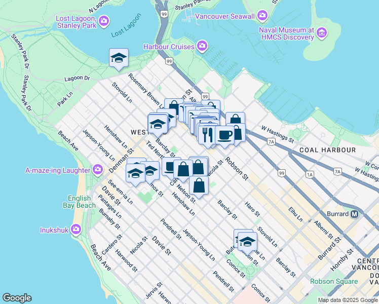 map of restaurants, bars, coffee shops, grocery stores, and more near 1636 Haro Street in Vancouver