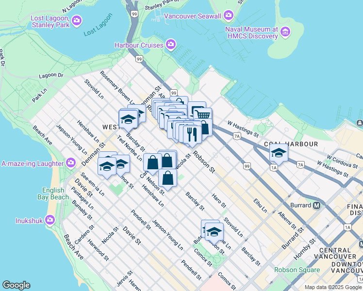 map of restaurants, bars, coffee shops, grocery stores, and more near 1542 Robson Street in Vancouver