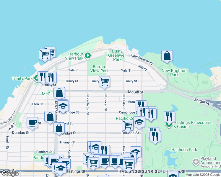 map of restaurants, bars, coffee shops, grocery stores, and more near 2725 McGill Street in Vancouver