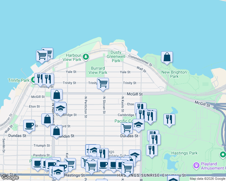 map of restaurants, bars, coffee shops, grocery stores, and more near 2743 McGill Street in Vancouver
