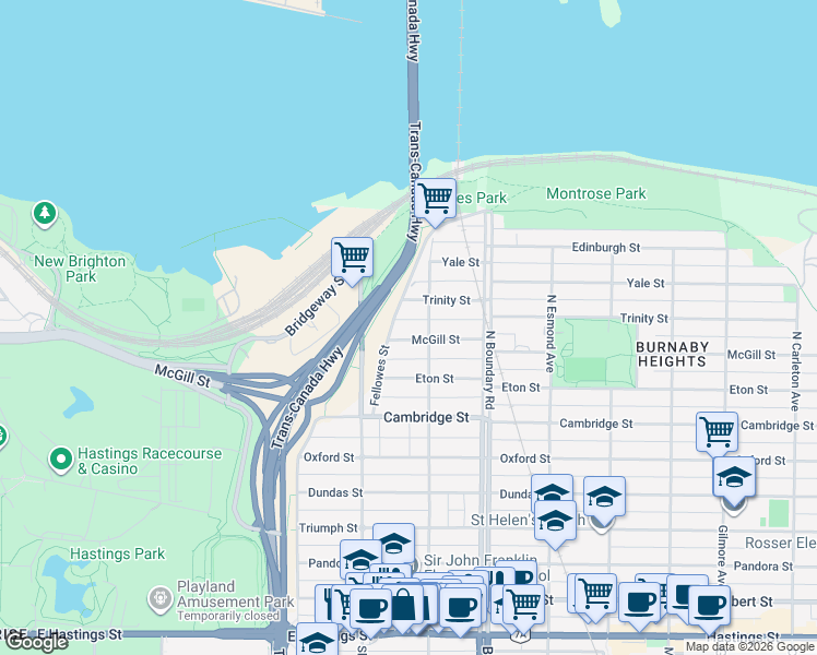map of restaurants, bars, coffee shops, grocery stores, and more near 3575 McGill Street in Vancouver