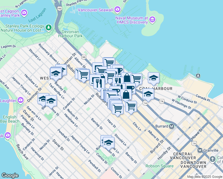 map of restaurants, bars, coffee shops, grocery stores, and more near 1420 West Georgia Street in Vancouver