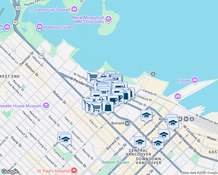 map of restaurants, bars, coffee shops, grocery stores, and more near 1205 West Hastings Street in Vancouver
