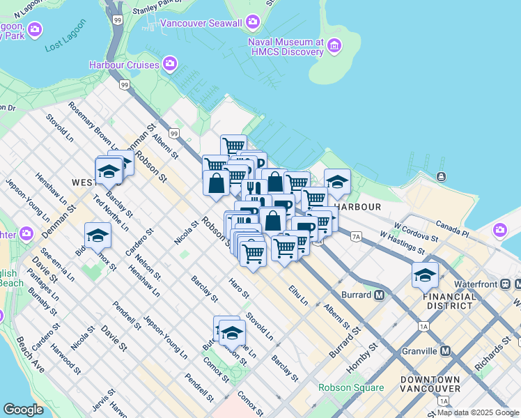 map of restaurants, bars, coffee shops, grocery stores, and more near in Vancouver