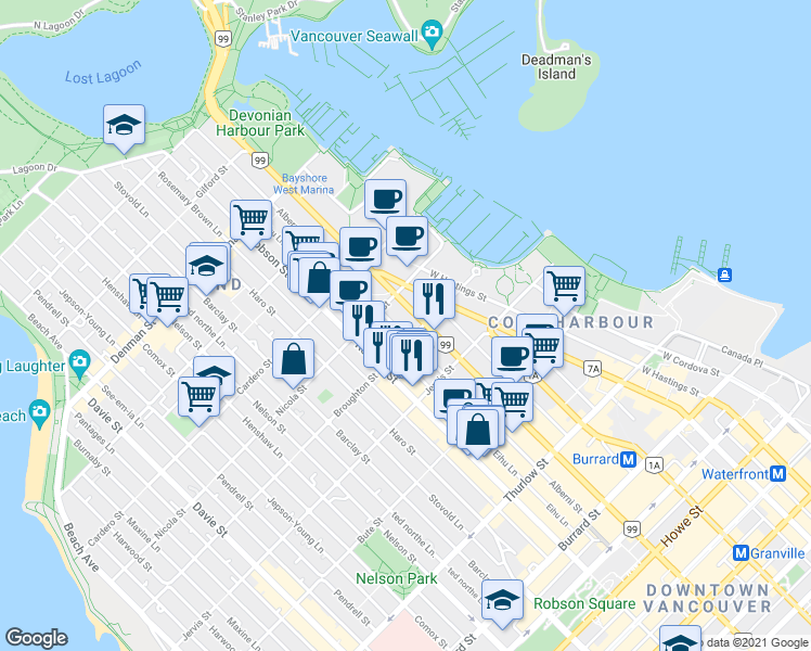 map of restaurants, bars, coffee shops, grocery stores, and more near 1444 Alberni Street in Vancouver
