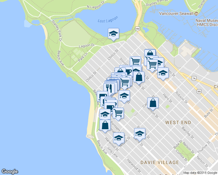 map of restaurants, bars, coffee shops, grocery stores, and more near in Vancouver