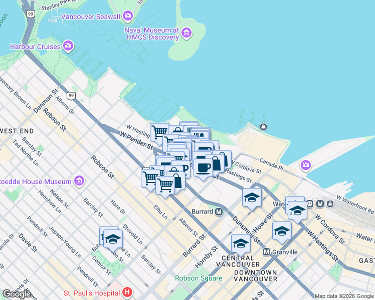 map of restaurants, bars, coffee shops, grocery stores, and more near 1205 West Hastings Street in Vancouver
