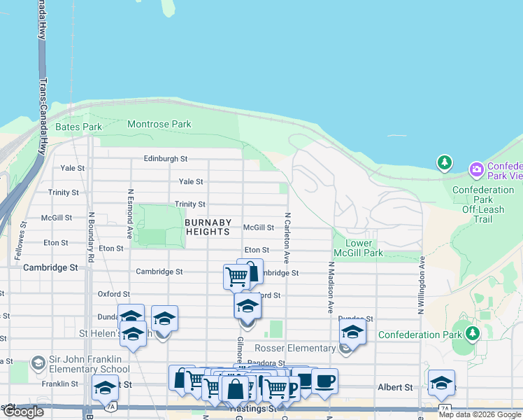 map of restaurants, bars, coffee shops, grocery stores, and more near 4132 Trinity Street in Burnaby