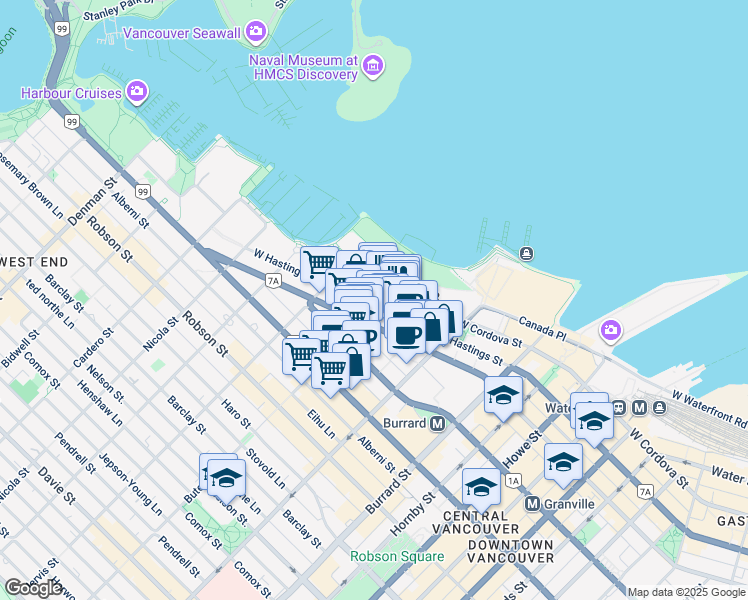 map of restaurants, bars, coffee shops, grocery stores, and more near 1205 West Hastings Street in Vancouver