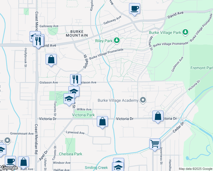 map of restaurants, bars, coffee shops, grocery stores, and more near 3474 Gislason Avenue in Coquitlam