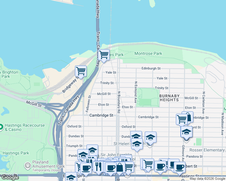 map of restaurants, bars, coffee shops, grocery stores, and more near 3681 McGill Street in Vancouver