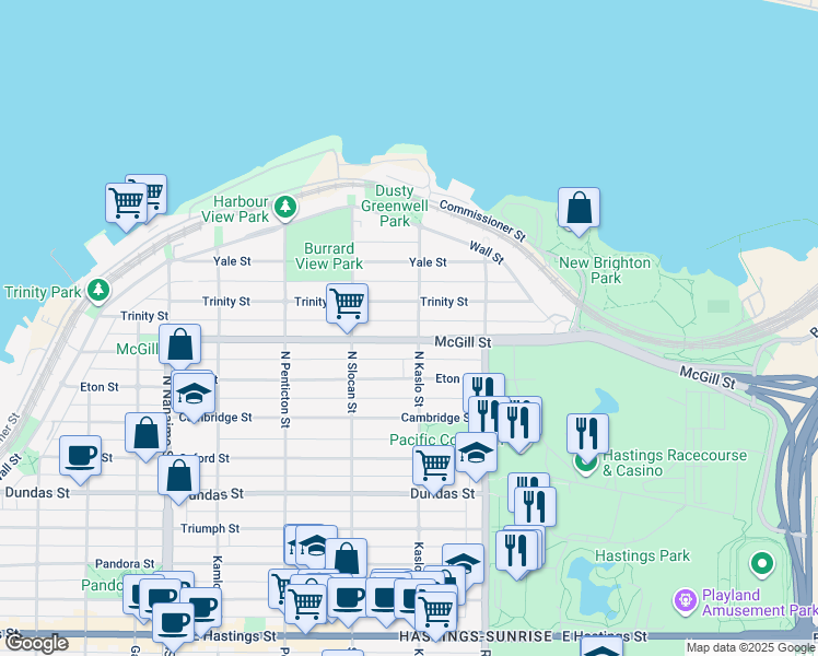 map of restaurants, bars, coffee shops, grocery stores, and more near 425 North Kaslo Street in Vancouver