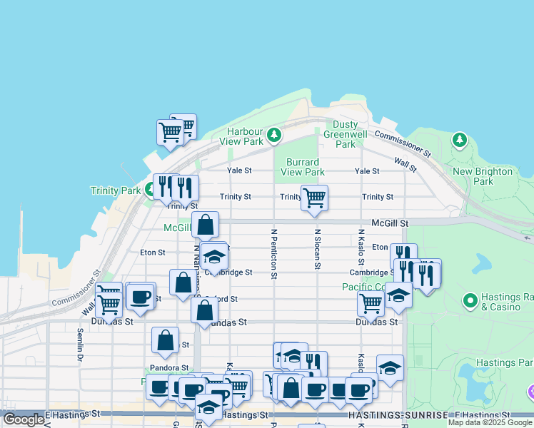 map of restaurants, bars, coffee shops, grocery stores, and more near 2589 McGill Street in Vancouver