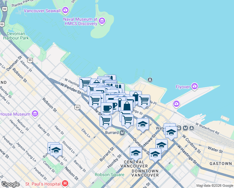 map of restaurants, bars, coffee shops, grocery stores, and more near 1163 West Cordova Street in Vancouver