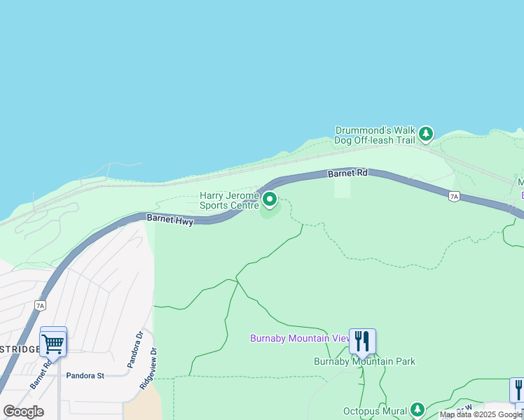 map of restaurants, bars, coffee shops, grocery stores, and more near 7564 Barnet Highway in Burnaby