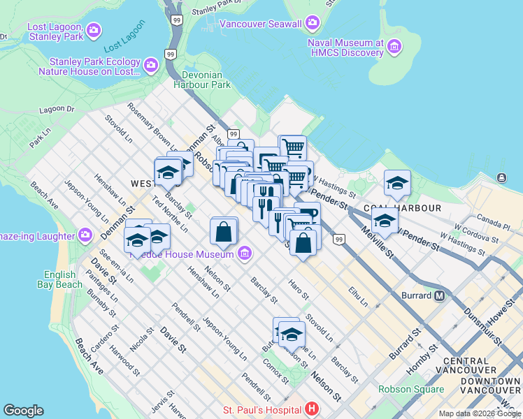 map of restaurants, bars, coffee shops, grocery stores, and more near in Vancouver