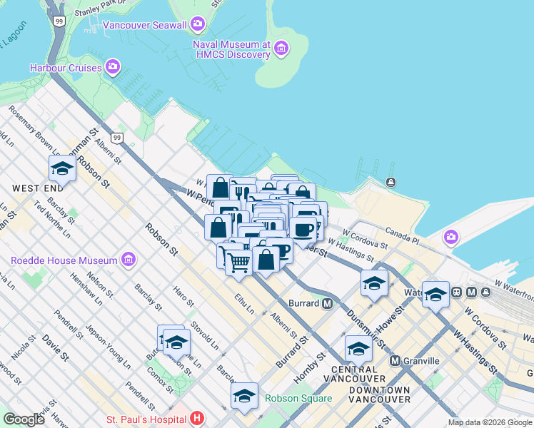 map of restaurants, bars, coffee shops, grocery stores, and more near 1228 West Hastings Street in Vancouver