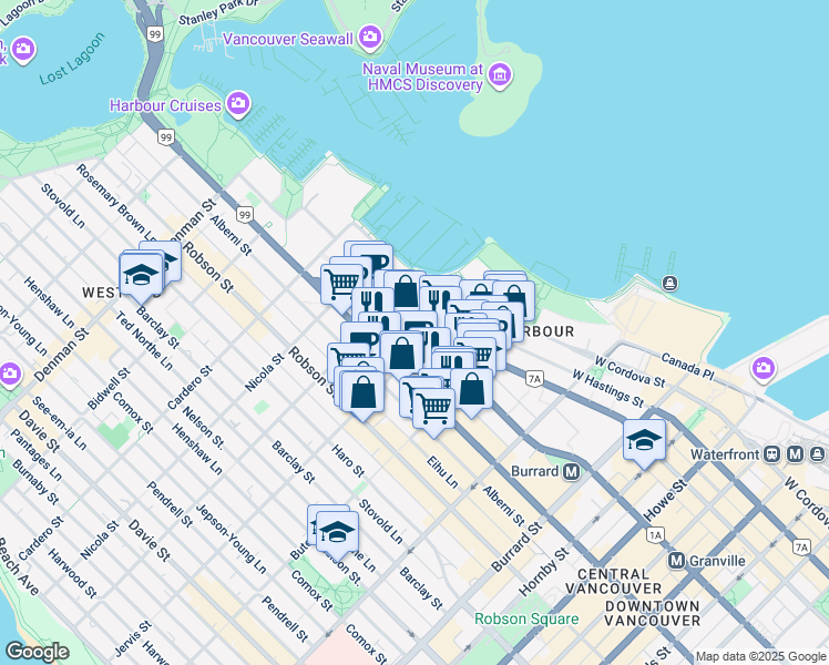 map of restaurants, bars, coffee shops, grocery stores, and more near 1328 West Pender Street in Vancouver