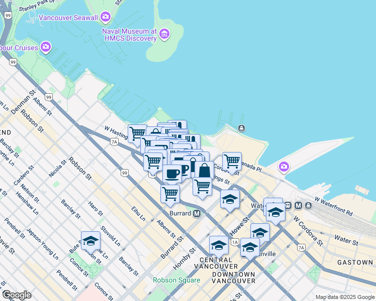 map of restaurants, bars, coffee shops, grocery stores, and more near 1169 West Cordova Street in Vancouver