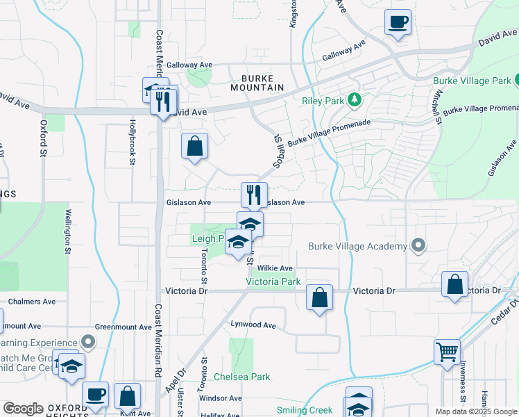 map of restaurants, bars, coffee shops, grocery stores, and more near 3432 Gislason Avenue in Coquitlam