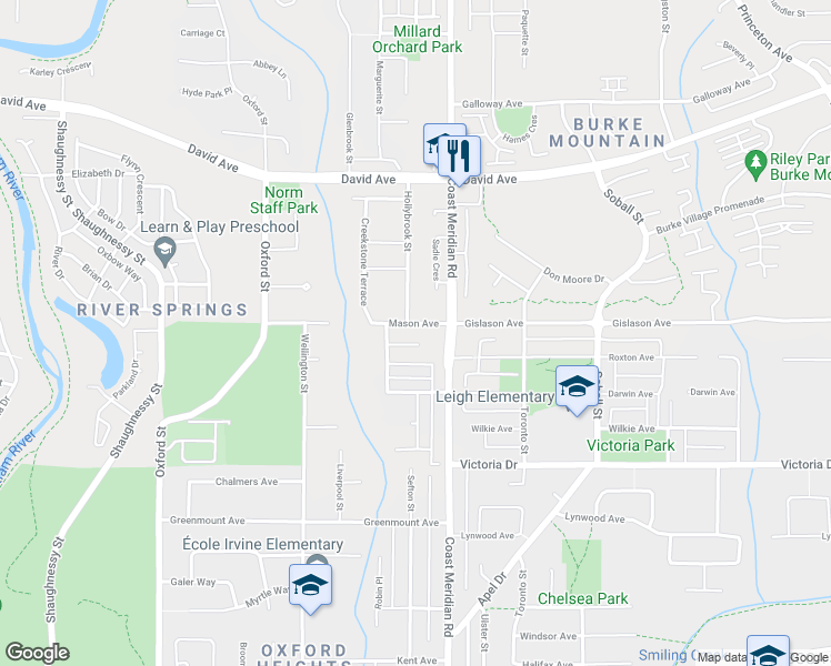 map of restaurants, bars, coffee shops, grocery stores, and more near 3382 Mason Avenue in Coquitlam