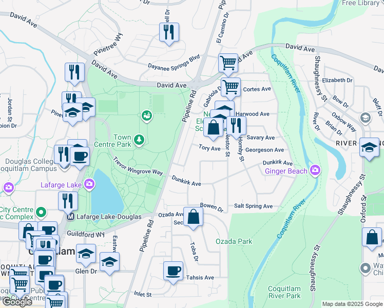 map of restaurants, bars, coffee shops, grocery stores, and more near 3133 Redonda Drive in Coquitlam