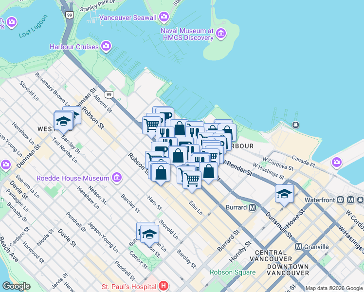 map of restaurants, bars, coffee shops, grocery stores, and more near 1328 West Pender Street in Vancouver