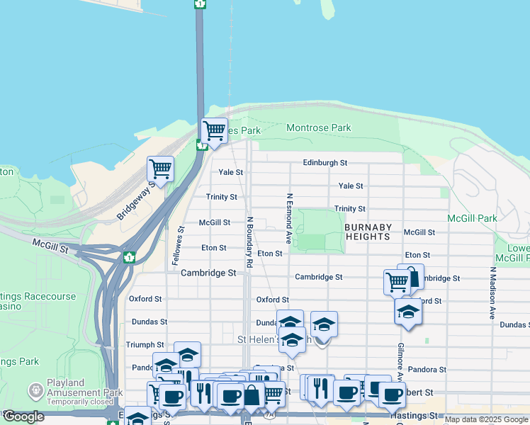 map of restaurants, bars, coffee shops, grocery stores, and more near 3726 Trinity Street in Burnaby